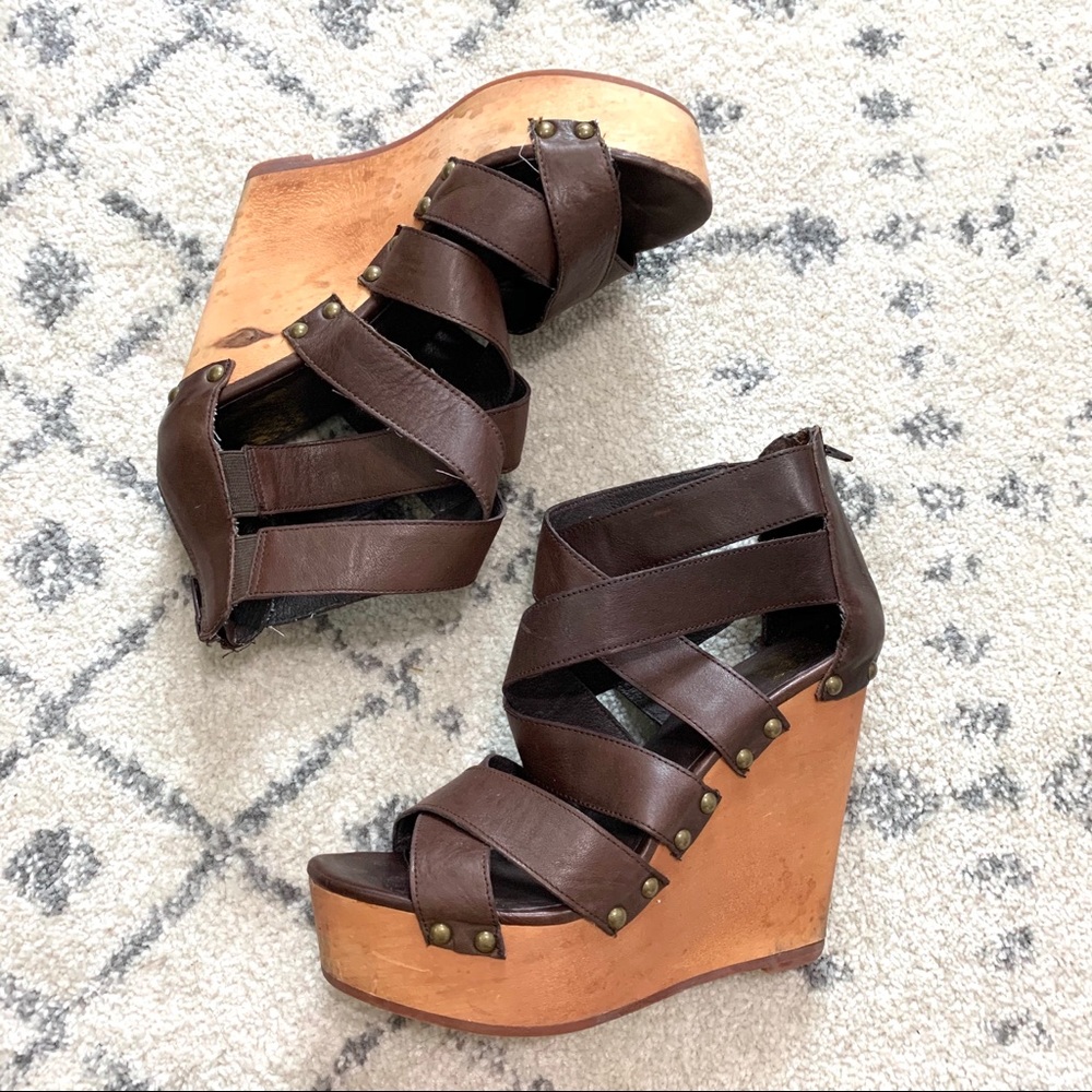 Dolce Vita Brown Leather Wooden Wedge Sandals